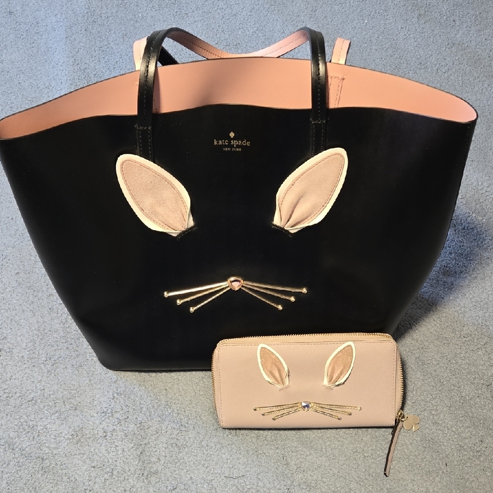 Kate Spade Black and Pink Bunny Tote With Matching Wallet